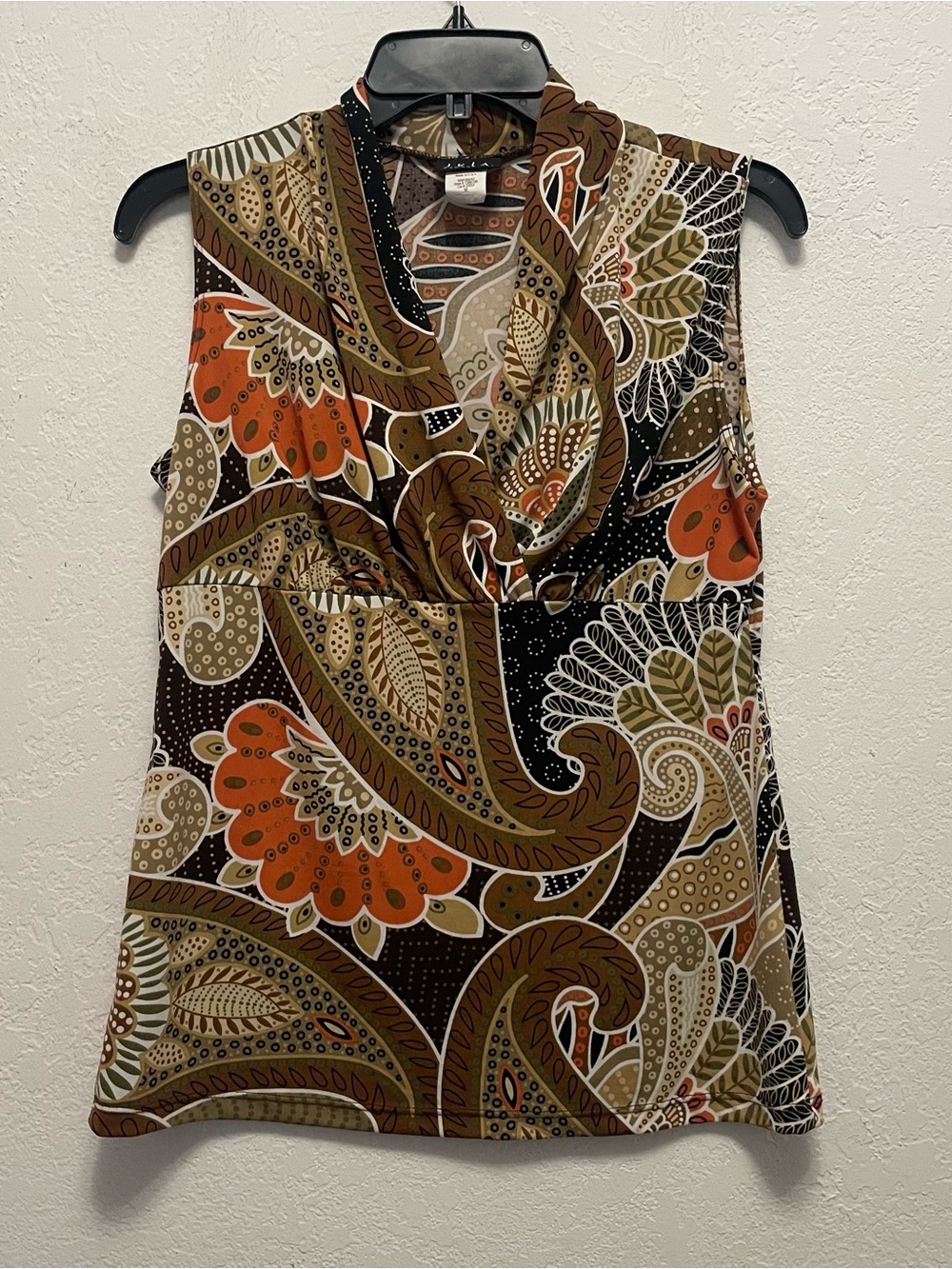 JKLA Womens Vintage Y2K Babydoll Top Size M Paisley Brown Orange Office Fairy